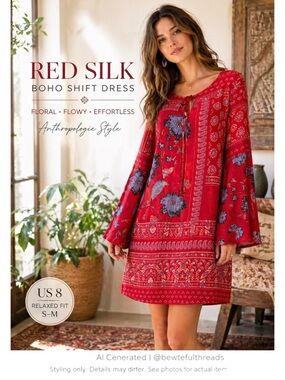 Red Boho Silk Shift Dress Floral Cottagecore Festival Anthropologie Style